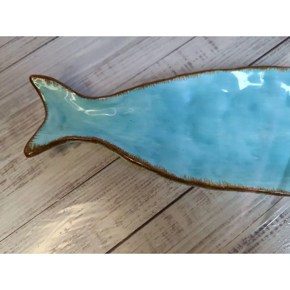 Blue Aqua Ceramic Fish Shaped Serve Ocean Decor Trinket Dish 16"L, 5"W, 1 1/2"H - Picture 3 of 7